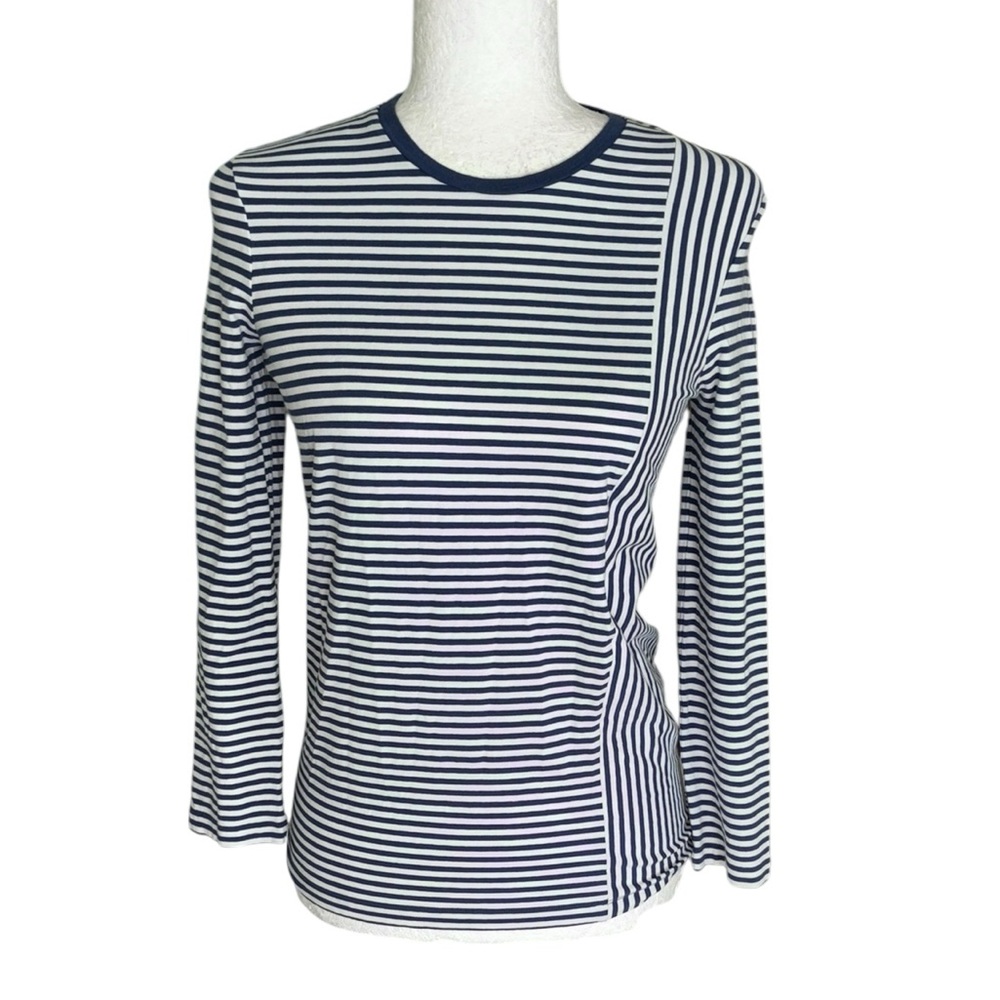 COS Navy and White Asymmetrical Striped Print Long Sleeve Crewneck Tee Top - S